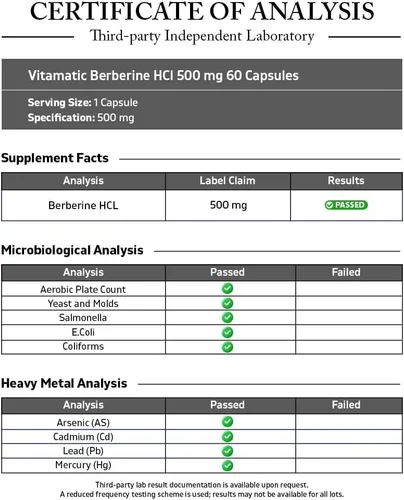 Vista 3 de Vitamatic Suplemento de berberina de 500 mg, 60 cápsulas vegetales, fabricado en los Estados Unidos, sin gluten, sin OMG (1 botella)
