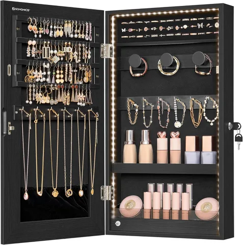 SONGMICS Armario de joyería con espejo con luces LED integradas, organizador de almacenamiento de joyas montado en la pared o en la puerta, 3.8 x