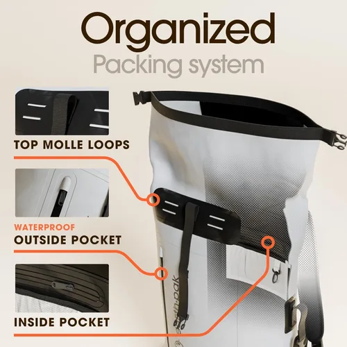 Vista 5 de Earth Pak Mochila impermeable 35L 55L 85L - Cierre enrollable resistente con bolsillo frontal con cremallera de fácil acceso y panel trasero