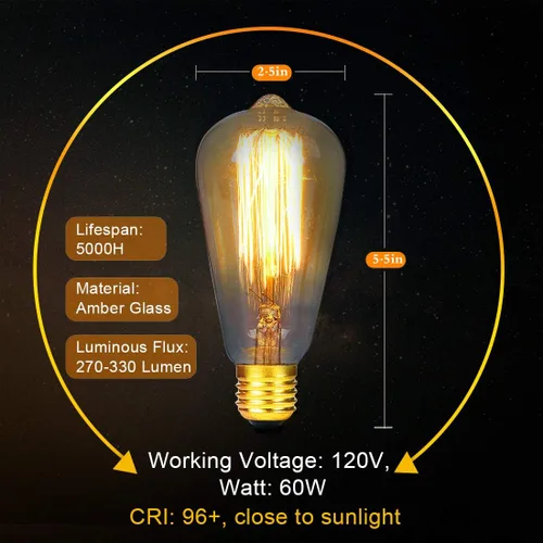 Vista 6 de LUXON Edison Bombillas incandescentes de estilo vintage antiguo, regulables ámbar cálido, base E26 de 60 W para aplique de pared, paquete de 2
