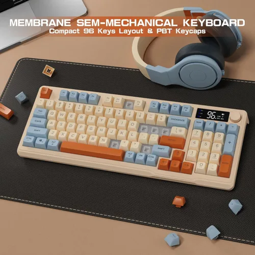 Vista 5 de LexonElec Teclado inalámbrico M96 para juegos, control de perilla Bluetooth2.4G, teclado inalámbrico de sensación mecánica, retroiluminación LED RGB