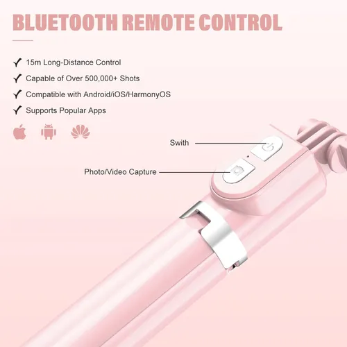 Vista 4 de Palo selfie con control remoto recargable y luz (1 unidad), trípode para iPhone, soporte de teléfono celular para grabación de video, accesorios