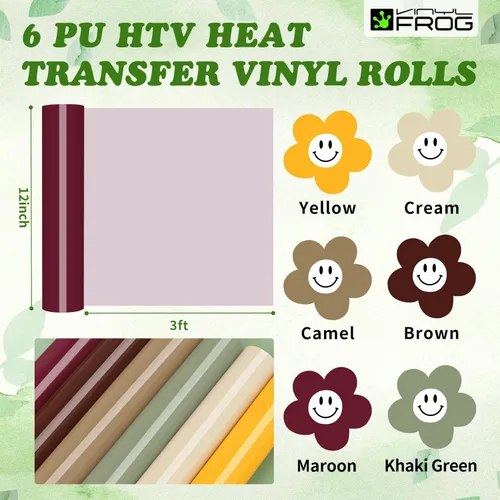 Vista 2 de VINYL FROG Paquete de 6 rollos de vinilo HTV de 12 x 3 pies de transferencia de calor para camisetas, amarillo, granate, camello, vinilo