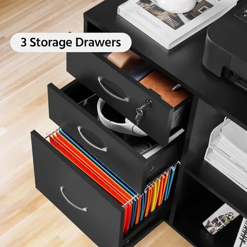 Vista 9 de Yaheetech Archivador negro con cerradura para carta, tamaño A4, soporte de impresora lateral de 3 cajones con compartimentos de almacenamiento