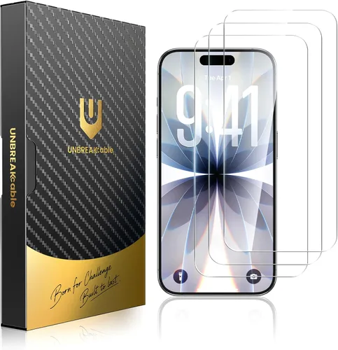 Vista 10 de UNBREAKcable Protector de pantalla para iPhone 15, caja de instalación rápida, paquete de 3 unidades de vidrio templado inastillable [dureza 9H]