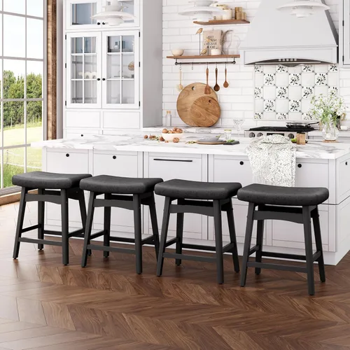 Vista 21 de ALPHA HOME Taburete de bar, taburete de cocina de silla de montar de madera maciza con cojín de tela de lino beige, taburete de bar de altura