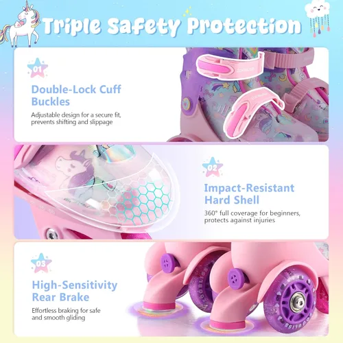 Vista 5 de Patines para niños (unicornio arcoíris, S) + juego de equipo de protección con aspecto de cuero iridiscente con bolsa con cordón (S)