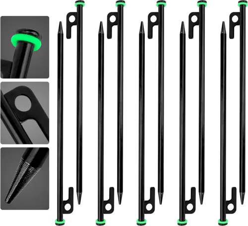 Paquete de 10 estacas de metal resistente, estacas de campamento de 12 pulgadas, estacas irrompibles con anillo brillante para mayor visibilidad,