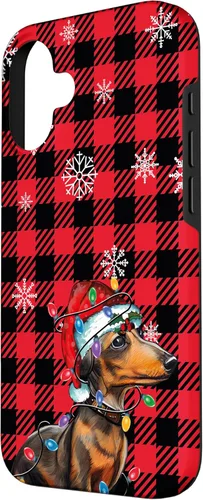 Vista 2 de iPhone 16 Dachshund Christmas Phone Case Red Plaid Pattern Christmas Lights Case