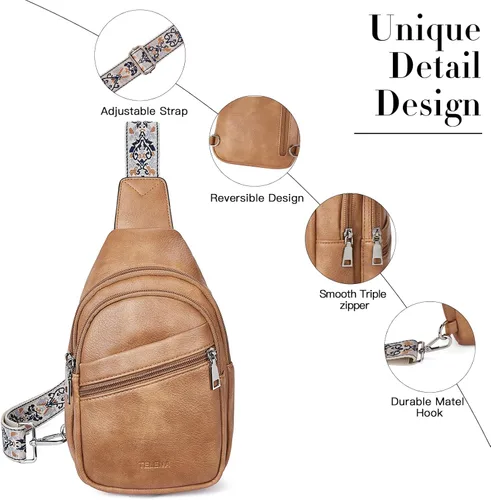Vista 12 de Telena Bolso bandolera para mujer, bolso cruzado para mujer, cangurera de cuero vegano con correa ajustable