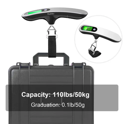 Vista 4 de Raabiko Báscula digital de equipaje (paquete de 2), báscula digital de equipaje de mano con capacidad de 110 libras, batería incluida, plata satinada