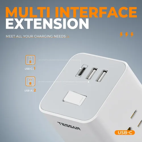 Vista 4 de TESSAN - Regleta de alimentación con protector de sobretensiones, cable de extensión de enchufe plano TESSAN de 10 pies con 12 salidas de CA con 3