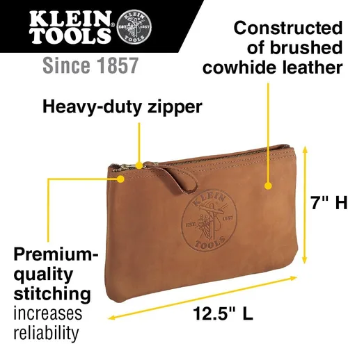 Vista 2 de Klein Tools 5139L - Bolsa con cremallera, de piel de grano superior, con cierre de cremallera fuerte, 12-1/2 pulgadas, color marrón