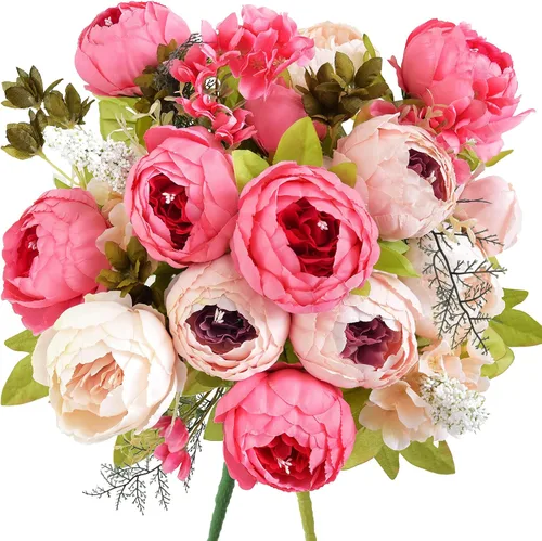 Vista 17 de Ramo de peonías artificiales – Juego de 2 tallos de flores de seda sintética – Ramos listos para el estilo para bodas, decoración del hogar, eventos