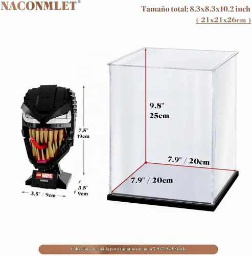 Vista 7 de Vitrina de acrílico transparente premium con iluminación LED – Escaparate a prueba de polvo con protección UV para máscara Lego Venom 76187, cascos