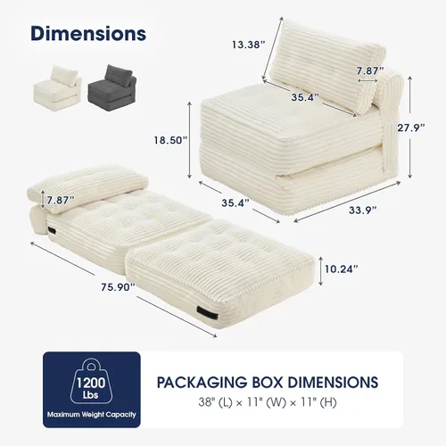 Vista 2 de KINGYES Sofá Cama Plegable, Silla Convertible de Pana para Dormir con Almohada, Silla Futón Individual Plegable para Sala de Estar, Beige