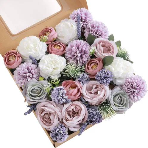 Vista 10 de Combo de flores artificiales, flores falsas para mesas de bricolaje, centros de mesa, baby shower, despedida de soltera, arreglos de ramo de boda
