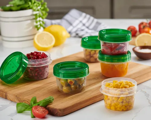 Vista 3 de PLASTICPRO Paquete de 6 recipientes de almacenamiento de alimentos con tapa giratoria con rosca verde, recipientes reutilizables de 4 onzas