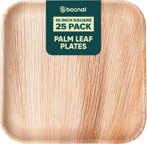 Vista 13 de BOSNAL - Platos biodegradables de hoja de palma, 4 pulgadas, cuadrados, 25 piezas, compostables, estilo de bambú y madera, apilables, grado