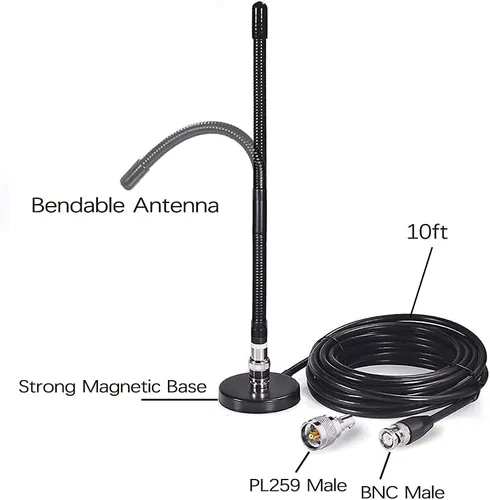 Vista 2 de CORONIR Antena CB 27MHz Antena de radio CB de látigo suave Base magnética Antena CB BNC y PL259 macho compatible con Cobra Midland Uniden Maxon