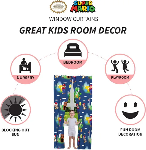 Vista 3 de Franco Juego de cortinas y drapeados para ventana de habitación de niños, 82 x 84 pulgadas, Super Mario