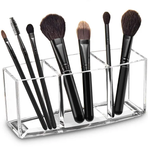 Organizador de brochas de maquillaje acrílico con 3 ranuras
