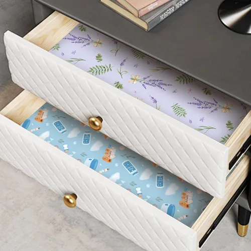 Vista 4 de SCENTORINI Revestimientos para cajones para tocador, 6 hojas de lavanda + 6 hojas de forro de cajón con aroma a polvo de bebé, forro de papel