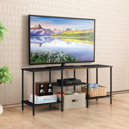Vista 9 de Soporte de TV de 50 pulgadas para dormitorio, centro de entretenimiento de color marrón rústico con almacenamiento, mesa de TV de 3 niveles
