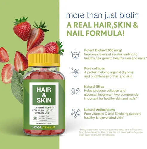 Vista 4 de Noor Vitamins Vitaminas Halal para el Cabello Biotina, Colágeno, Sílice, Vitamina C y E Apoya la salud del cabello, la piel y las uñas; Vitaminas