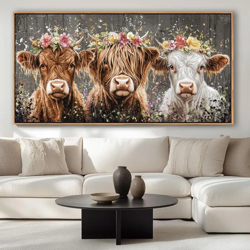 AJAZIKO Arte de Pared de Vaca de las Tierras Altas - Decoración de Pared de Granja y Campo Rústico, Cuadros Grandes en Lienzo para Sala de Estar,