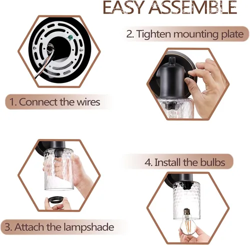 Vista 6 de Juego de 2 apliques de pared - Luces de tocador negras mate para baño, accesorios de luz de pared modernos con interruptor giratorio - Luz