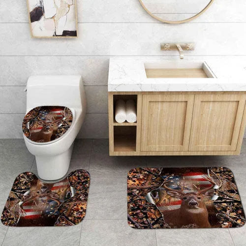 Vista 117 de Camille&Andrew - Juego de 4 cortinas de ducha de tela de ciervo rústico negro, alce, alce, pino, luna, casa de campo, panel rústico, tablero