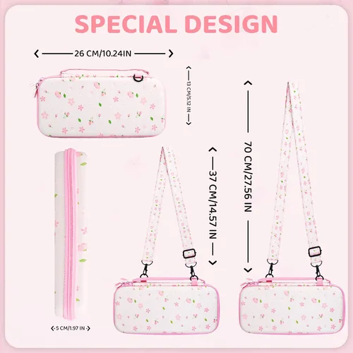 Vista 3 de FANPL Lindo paquete de funda de transporte para Nintendo Switch, kit de accesorios de funda de interruptor rosa con funda de viaje dura de flores