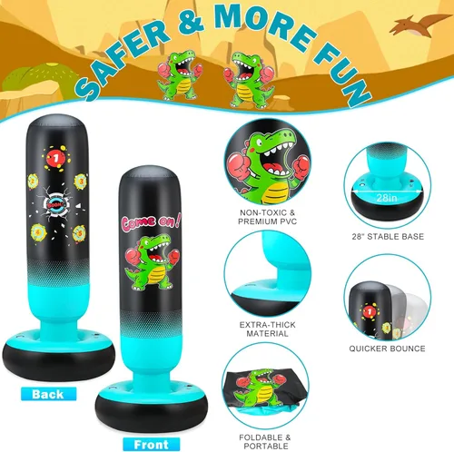 Vista 3 de Saco de boxeo para niños de 65 pulgadas, saco de boxeo inflable de dinosaurio con guantes de boxeo, juego de bolsa de boxeo con bomba de dinosaurio