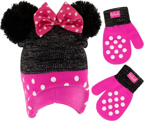 Disney Conjunto de gorro y guantes de invierno para niñas de 2 a 4 años o gorro de Minnie Mouse y guantes para niños de 4 a 7 años