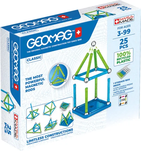 Geomag Juguetes magnéticos clásicos para niños a partir de 8 años, 25 imanes educativos STEM para niños, bloques magnéticos hechos en Suiza,