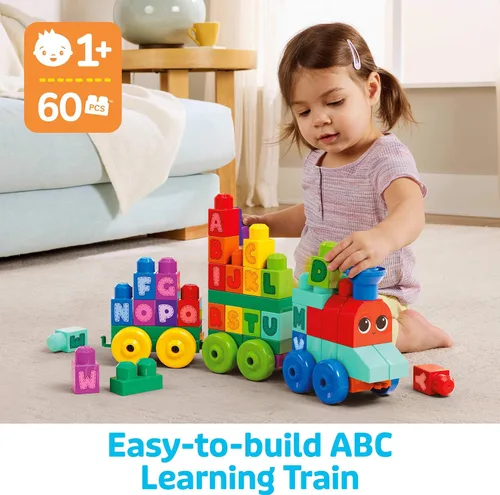 Vista 2 de MEGA BLOKS First Builders - Juego de bloques de construcción para niños pequeños, tren de aprendizaje ABC con 60 piezas, a partir de 1 año