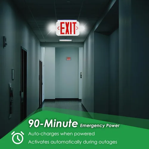 Vista 3 de Gruenlich Combo de señal de salida LED con luces de emergencia, cabezales ajustables y doble cara, respaldo de batería, calificación UL 924, CA