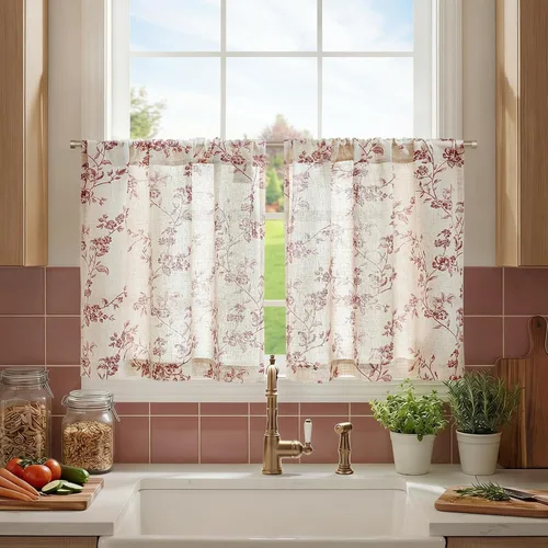 Vista 22 de JINCHAN Cortinas florales de cocina de 24 pulgadas, cortinas de lino de varios niveles, cortinas de granja de estilo cafetería, cortinas para media