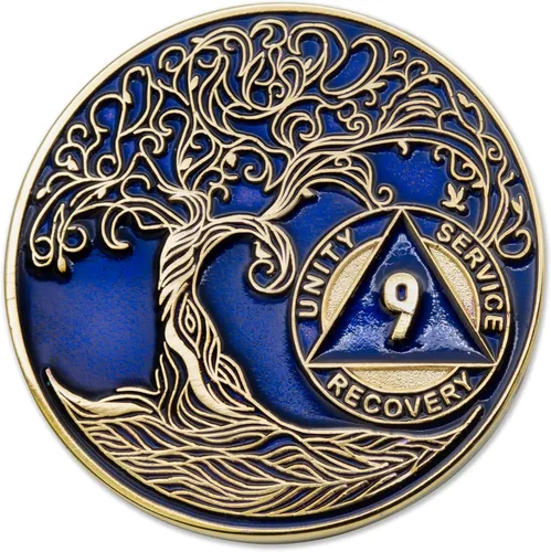Vista 98 de 1 año Sobriety Mint Twisted Tree of Life Medallón de recuperación AA chapado en oro, chip/ficha - negro