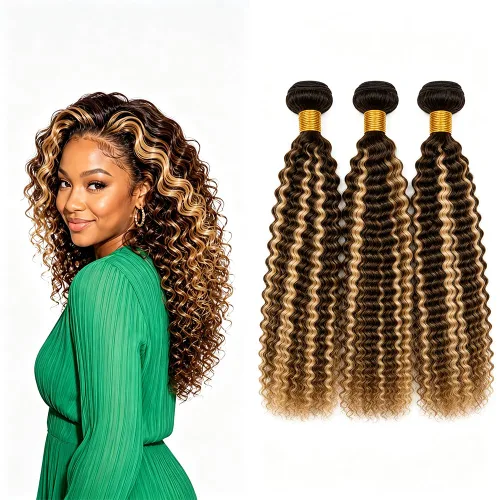 Vista 58 de P4613 Cabello humano rizado onda profunda marrón y paquetes mixtos 8 10 12 P4613 Ombre Marrón-Rubio-DP
