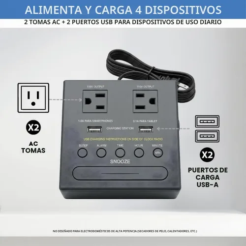 Vista 4 de Sonnet - Radio despertador digital con estación de carga, radio AM/FM Bluetooth para dormitorio, 2 salidas de CA y 2 puertos de carga USB, pantalla