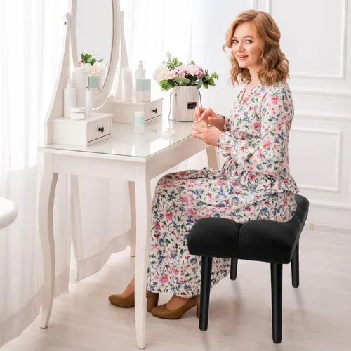 Vista 4 de HOUCHICS Taburete otomano negro, taburete cuadrado de maquillaje con patas de madera, taburetes otomanos pequeños para tocador, taburete acolchado