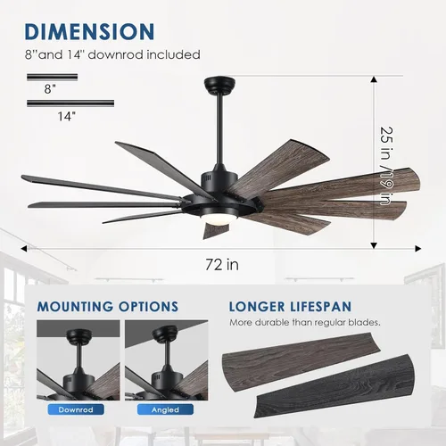 Vista 6 de Dannilong 72 Inch Ceiling Fans with Lights, Indoor/Outdoor Large Ceiling Fan with Remote Control, 6 Speed Reversible Motor, Dimmable, 3CCT