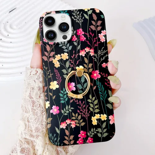 Vista 4 de Qokey Funda compatible con iPhone 14 Pro Max de 6.7 pulgadas 2022, bonita carcasa de flores de jardín con anillo giratorio de 360 grados, soporte