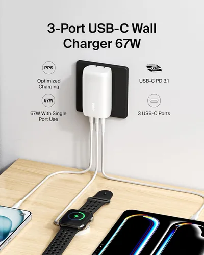 Vista 2 de Belkin Bloque de cargador USB C de 3 puertos de 67 W - PPS USB-C PD3.1 PPS carga súper rápida - Samsung Galaxy S25, Apple iPhone 17, Air, Pro