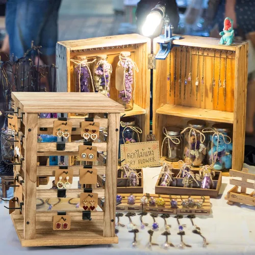 Vista 6 de Exhibición giratoria de madera para almacenamiento de pendientes de joyería, soportes de exhibición de pendientes para vendedores de ventas