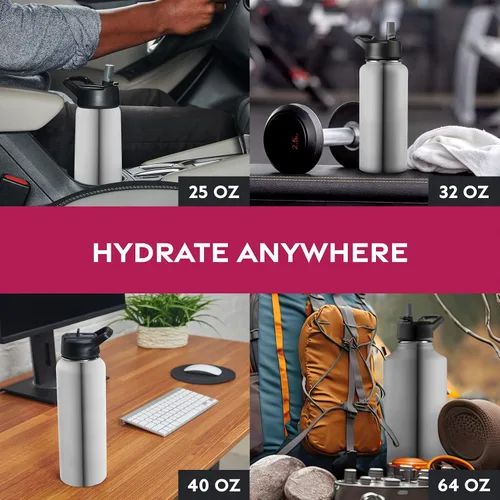 Vista 8 de FineDine Botellas de agua aisladas de triple pared con popote, botella de metal de acero inoxidable de 25 onzas con 3 tapas a prueba de fugas