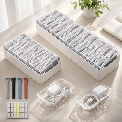 Juego de 2 cajas organizadoras de cables con 7 y 11 fundas transparentes para cables de carga, cargadores, auriculares y accesorios pequeños,