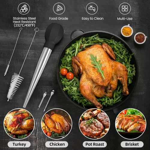 Vista 3 de SCHVUBENR Baster grande para pavos con cepillo de limpieza y aguja, herramienta de acero inoxidable para cocinar, fácil de usar y limpiar, jeringa